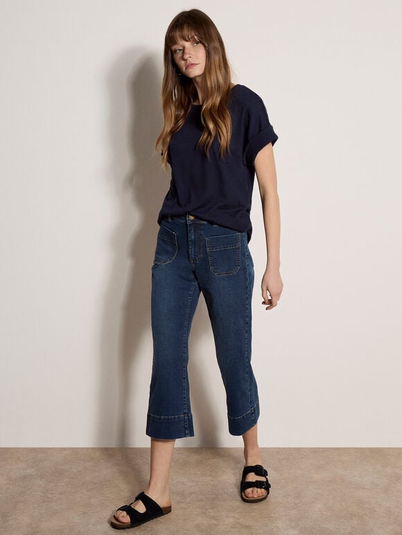 Button Back Textured T-Shirt, Navy, large