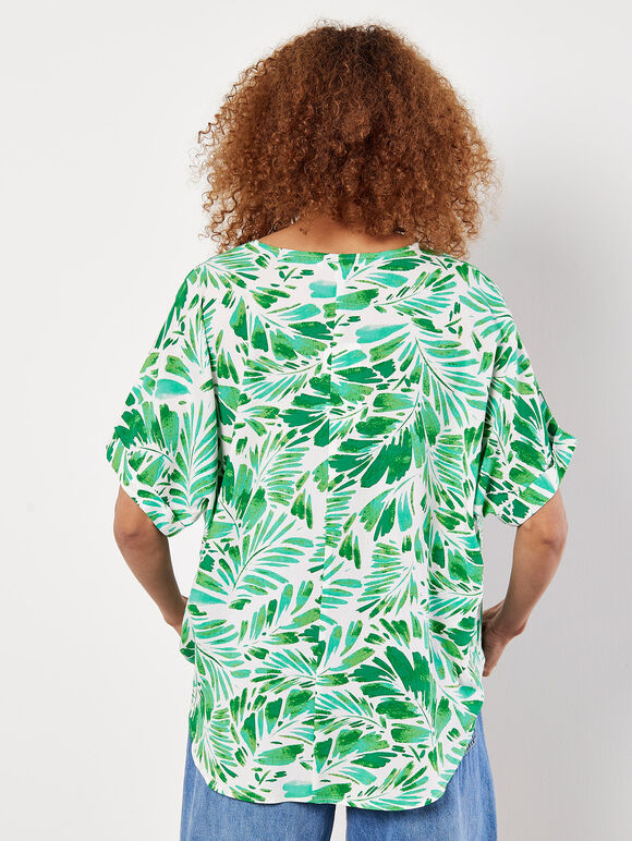 Tropical Leaf Print Pleat Top, Cream, large