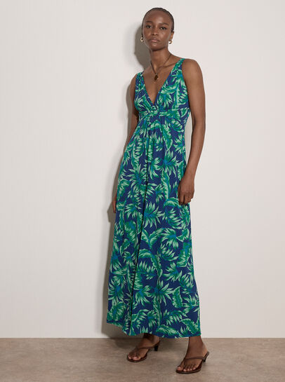 Tropical Leaf Jersey Maxi Dress