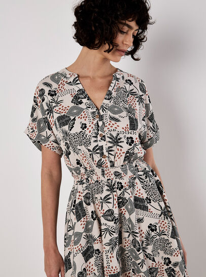 Tropical Print Linen Blend Mini Dress