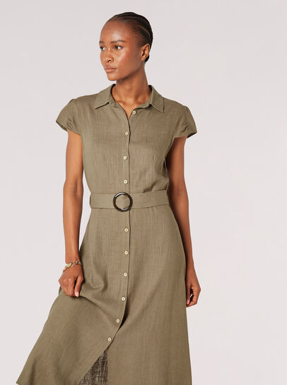 Linen Blend Belted Shirt Midi Dress