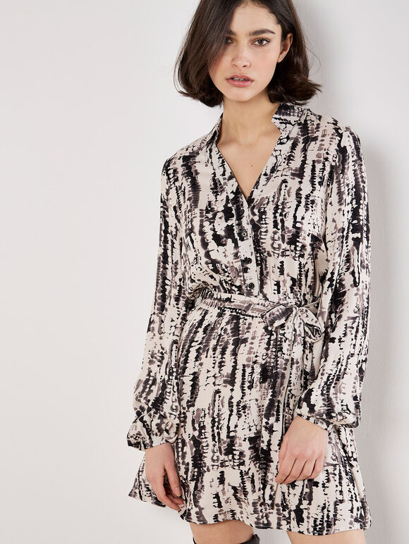 Tie Dye Stripe Shirt Mini Dress, Stone, large