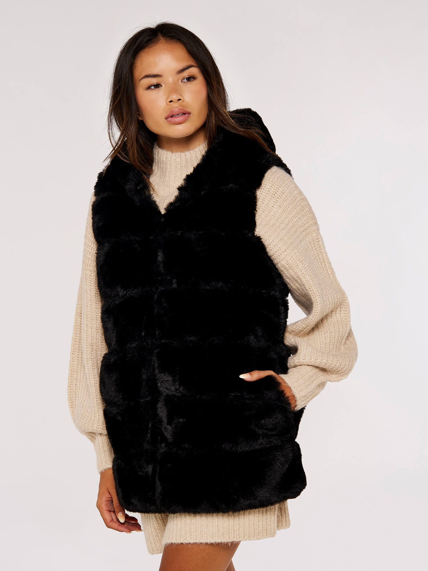 Black fur gilet longline sale