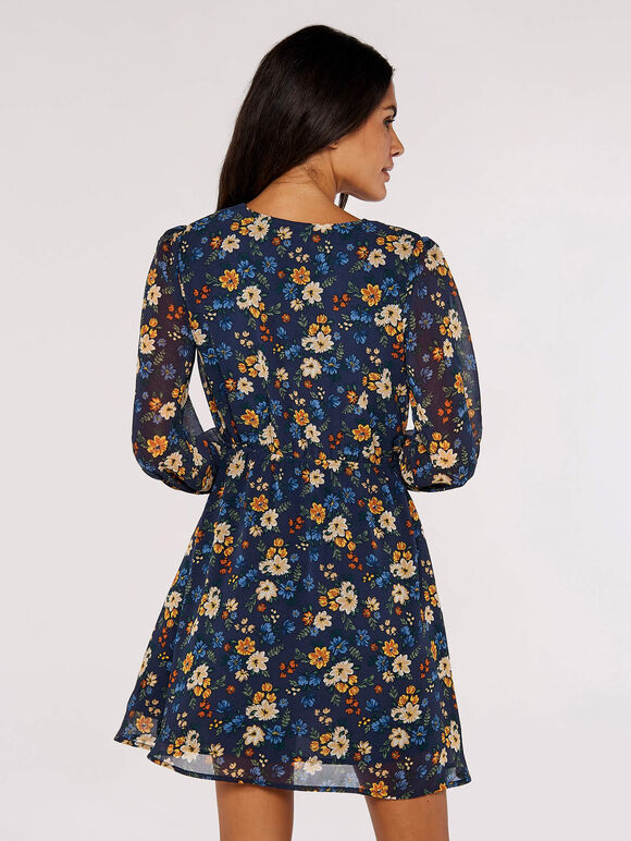 Brushed Floral Wrap Dress, Navy, large