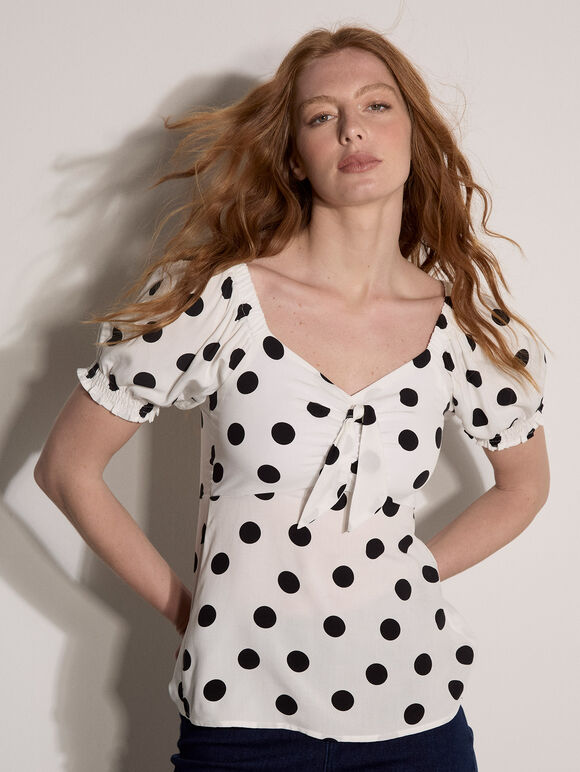 Polka Dot Tie Front Top, White, large