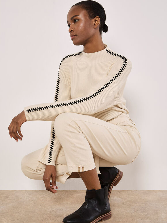 Blanket Stitch Ribbed Jumper, Stone, large