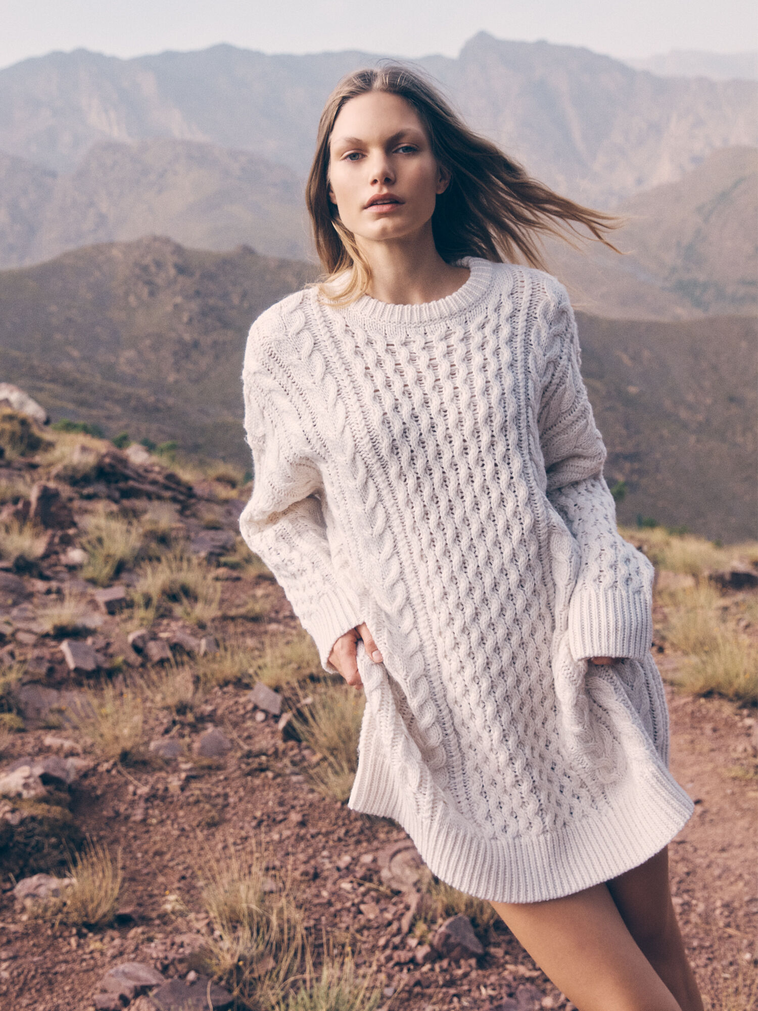 Oversized Cable Knit Jumper Mini Dress Apricot Clothing