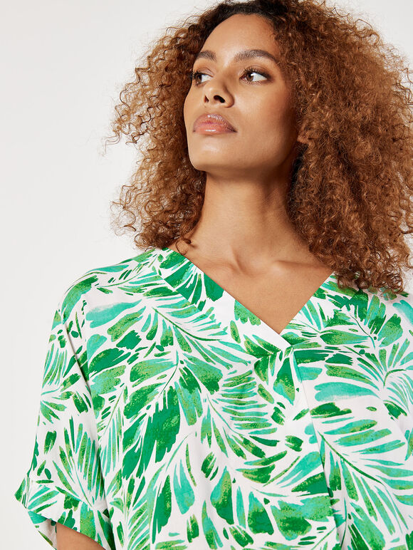 Tropical Leaf Print Pleat Top, Cream, large