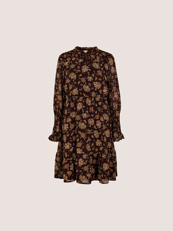 Folk Floral Chiffon Mini Dress, Brown, large