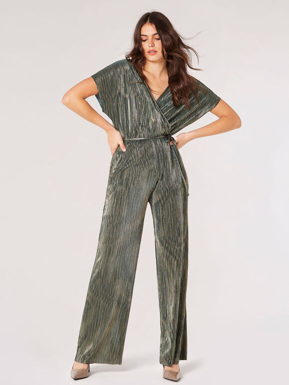 Metallic Plisse Wrap Jumpsuit, Green, large