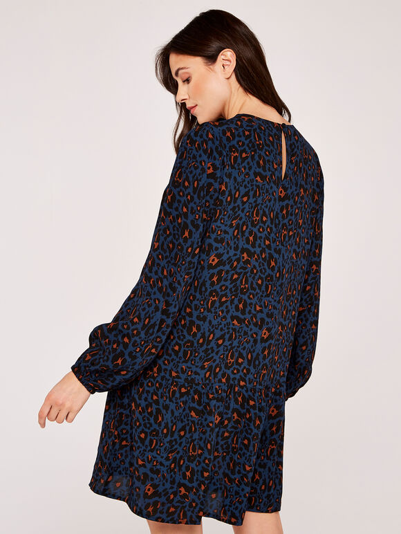 Tiered Babydoll Crew Neck Dress, Navy, large