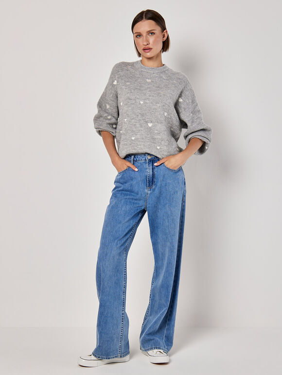 Embroidered Heart Jumper, Grey, large