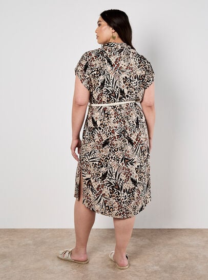 Mixed Animal Print Shirt Midi Dress