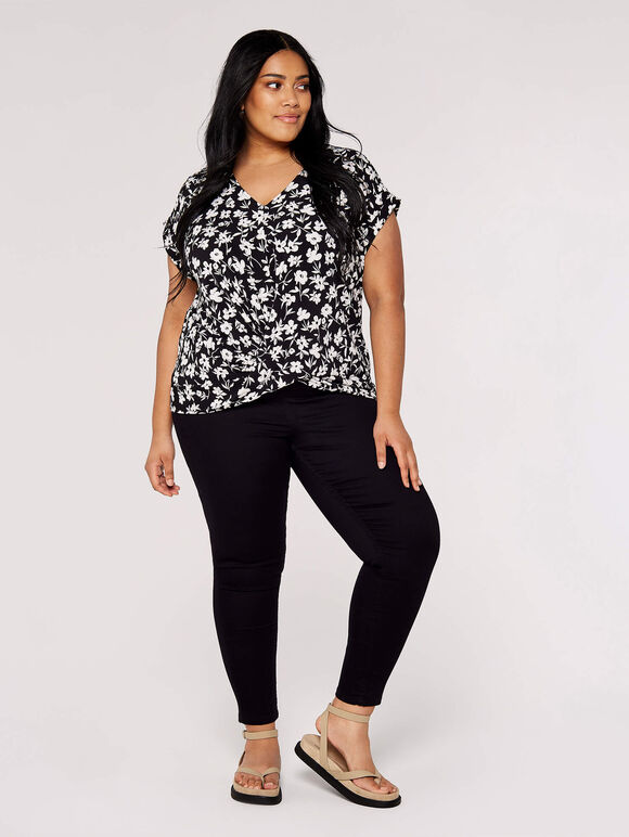 Curve Floral  Wrap Top, Black, large