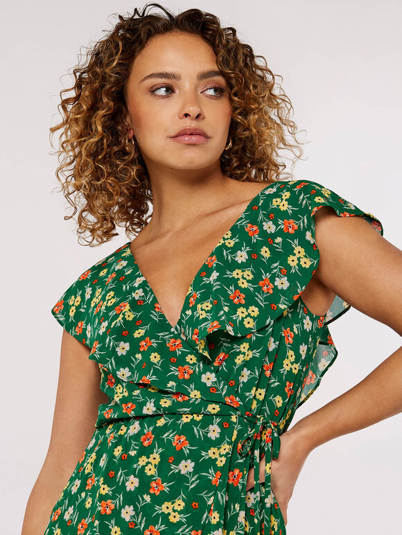 Floral Ruffle Midi Dress, Green, large
