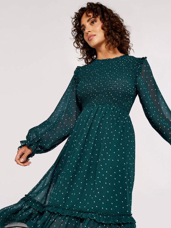 Polka Dot Smocked Midi Dress, Green, large