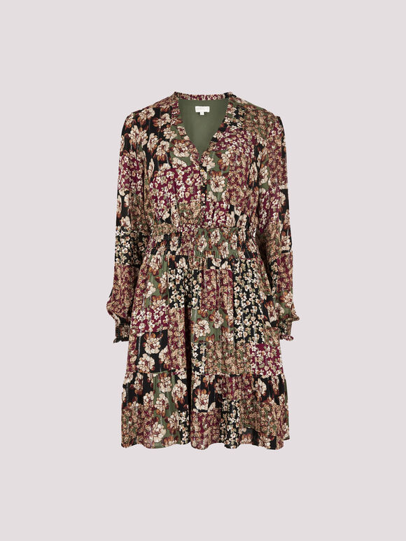 Patchwork Floral Shimmer Mini Dress, Green, large