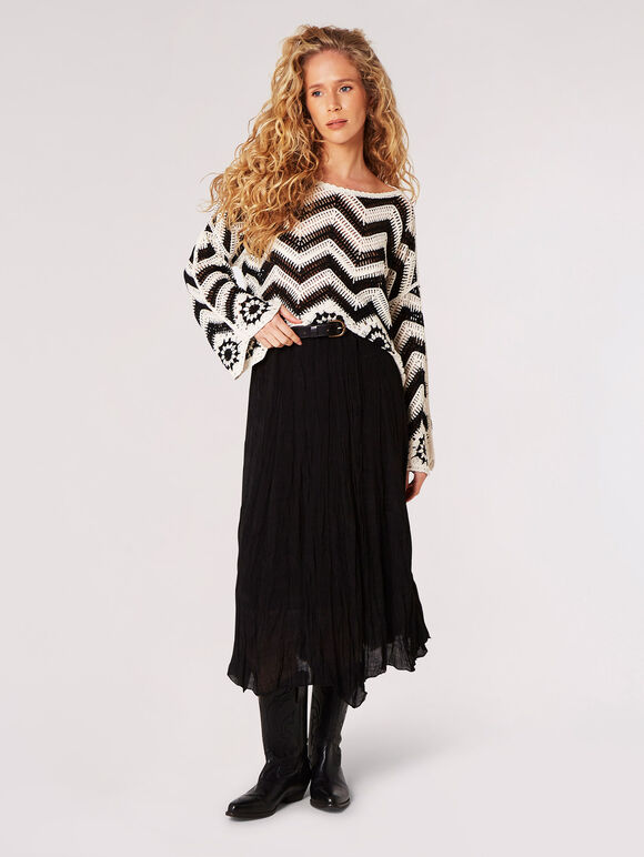 Crochet Chevron Bell Sleeve Top, Black, large
