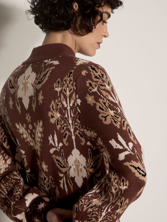 Folk Floral Mini Jumper Dress, Brown, large