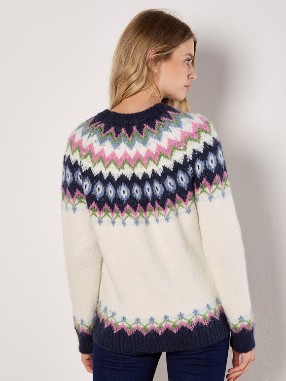 Chunky Knit Fair Isle Jumper, White, large