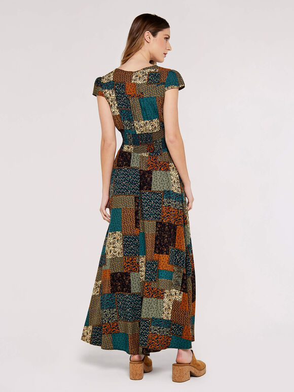 Patchwork Smocked Maxi Dress, Brown, large