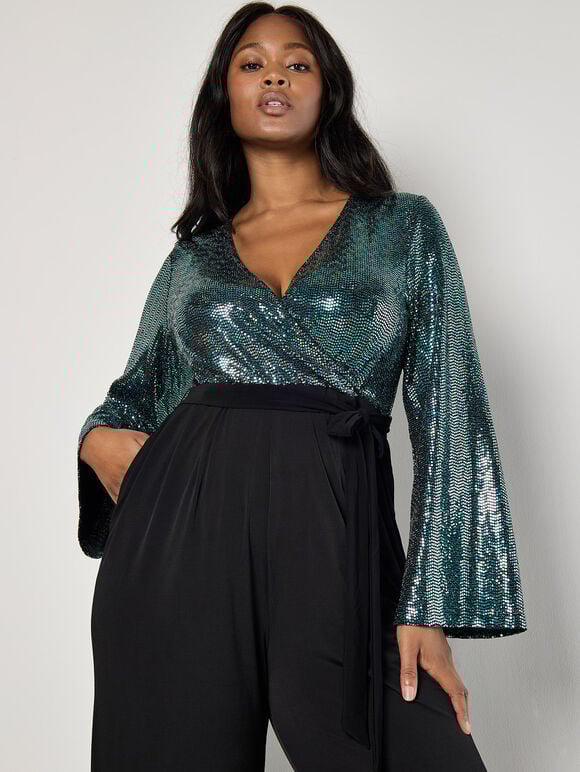 Curve Mirror Sequin Contrast Jumpsuit, Black, large