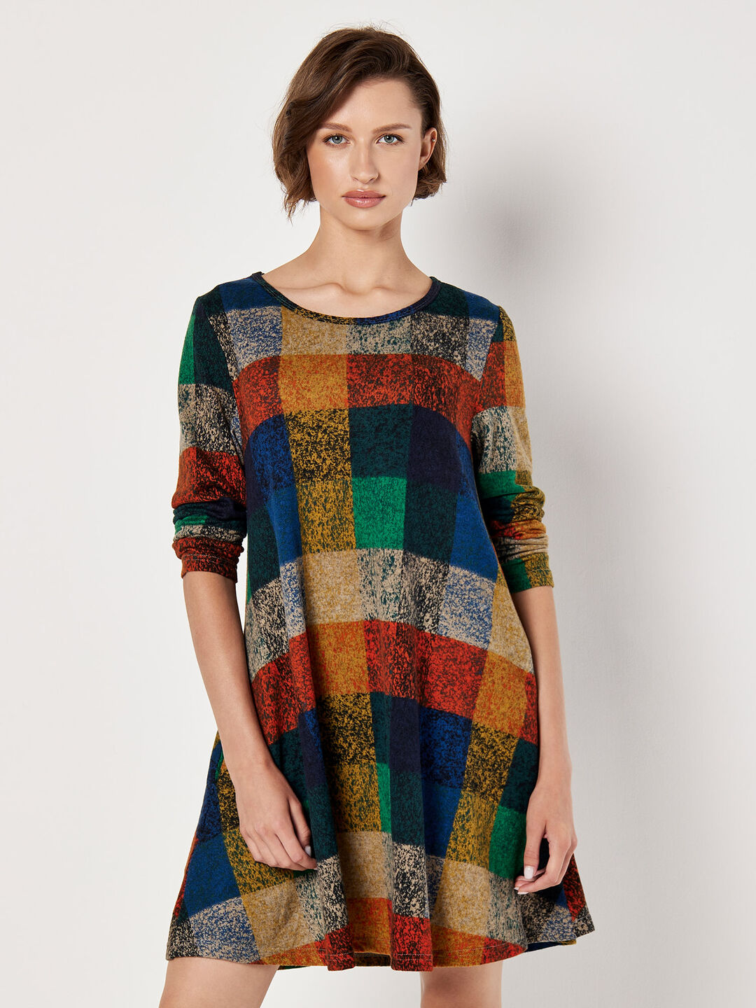 Colourful Patchwork Check Swing Mini Dress