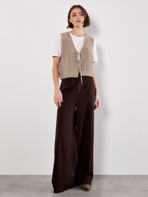 Scallop Edge Waffle Knit Waistcoat, Brown, large