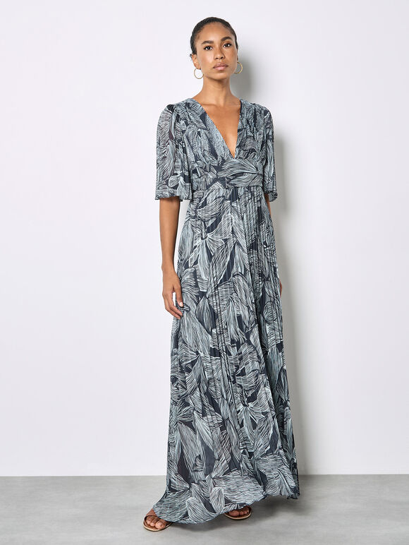 Floral Chiffon Shimmer Maxi Dress, Navy, large