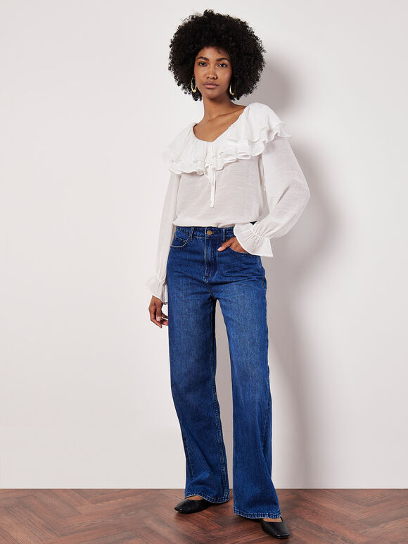Ruffle Collar Blouse, White, large