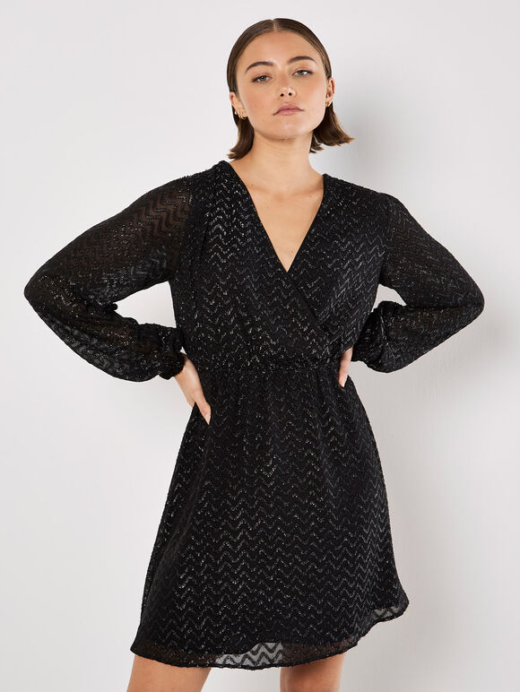 Chevron Shimmer Wrap Mini Dress, Black, large