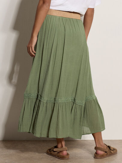 Lace Insert Belted Midi Skirt