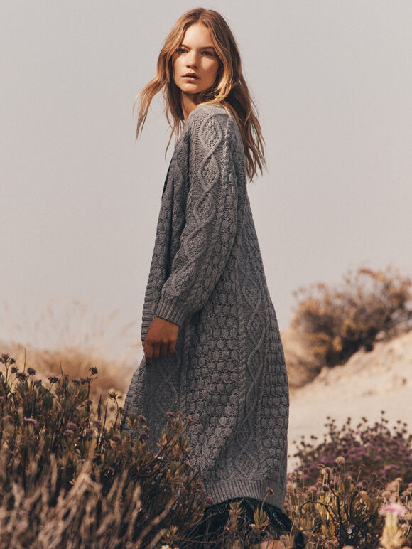 Chunky Cable Knit Longline Cardigan, Grey, large