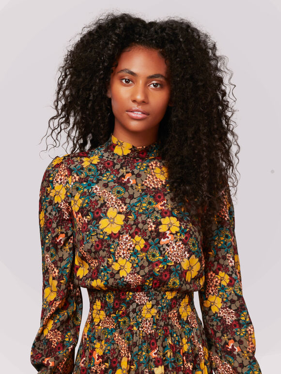 Retro Floral Smock Waist Midi Dress, Black, large