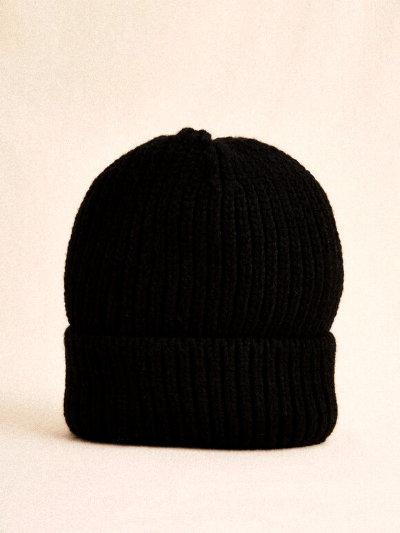 Classic Ribbed Knit Beanie Hat, Black, large