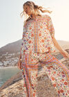 Floral Scarf Print Satin Wide-Leg Trousers, Orange, large
