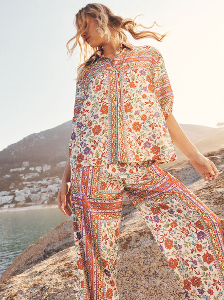 Floral Scarf Print Satin Wide-Leg Trousers