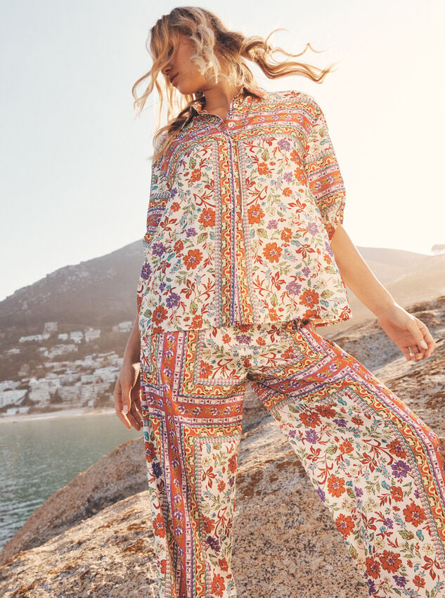 Floral Scarf Print Satin Wide-Leg Trousers, Orange, large