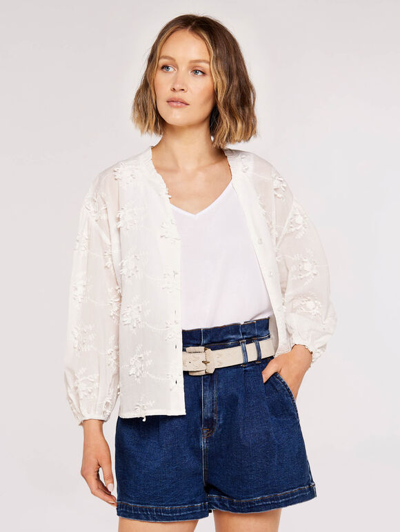 Embroidered Volume Sleeve Top, Cream, large