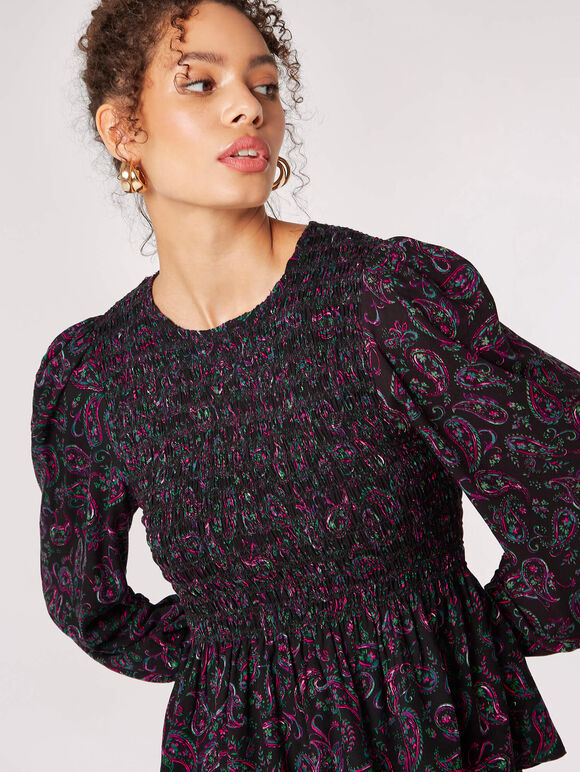 Paisley Puff Sleeve Smocked Top, Black, large