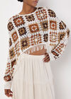 Fringed Crochet Squares Poncho Top, Stone, large