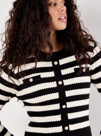 Stripe Knit Bodice Tulle Midi Dress