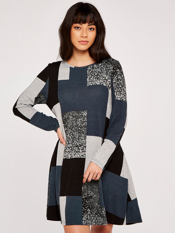 Patchwork Swing Mini Dress, Grey, large