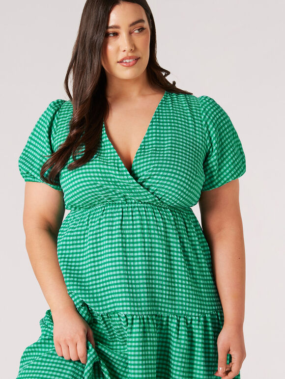 Curve Gingham Tiered Wrap Midi Dress, Green, large