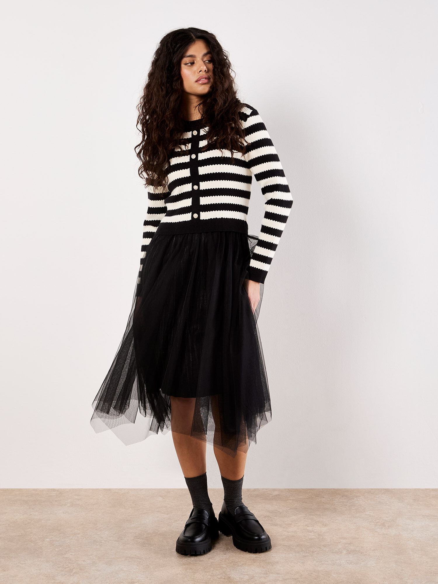 Stripe Knit Bodice Tulle Midi Dress | Apricot Clothing