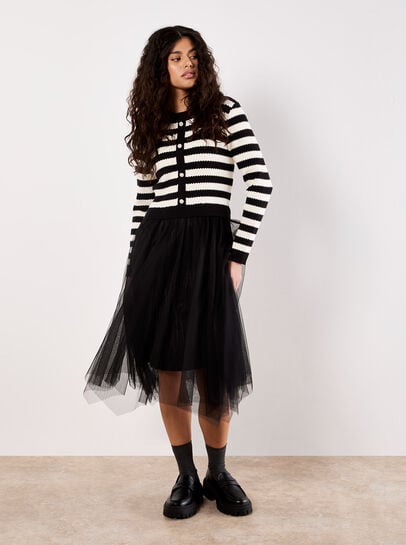 Stripe Knit Bodice Tulle Midi Dress