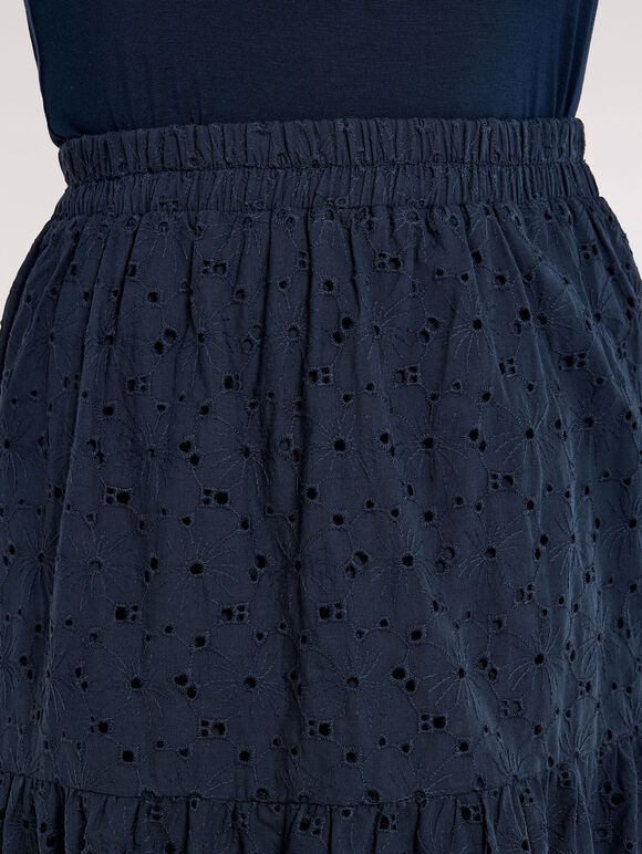 Broderie Tiered Midi Skirt, Navy, large