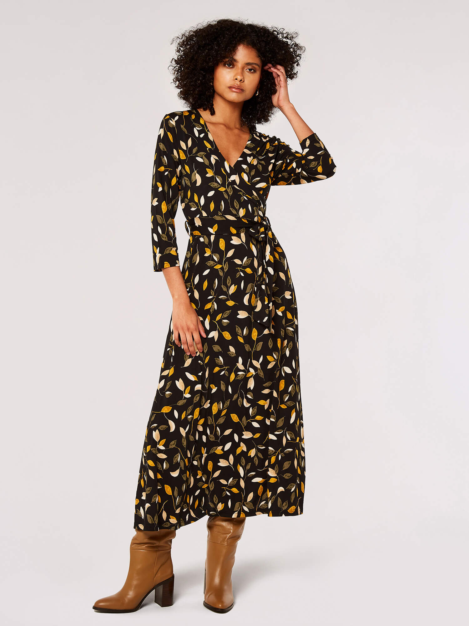 Yellow leaf print dress discount