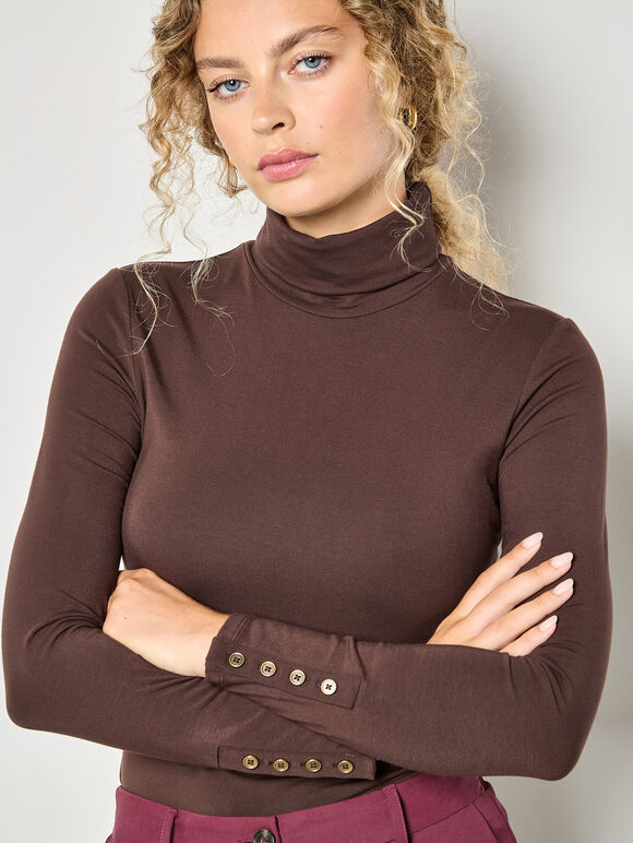 Turtle Neck Button Cuff Top, Brown, large
