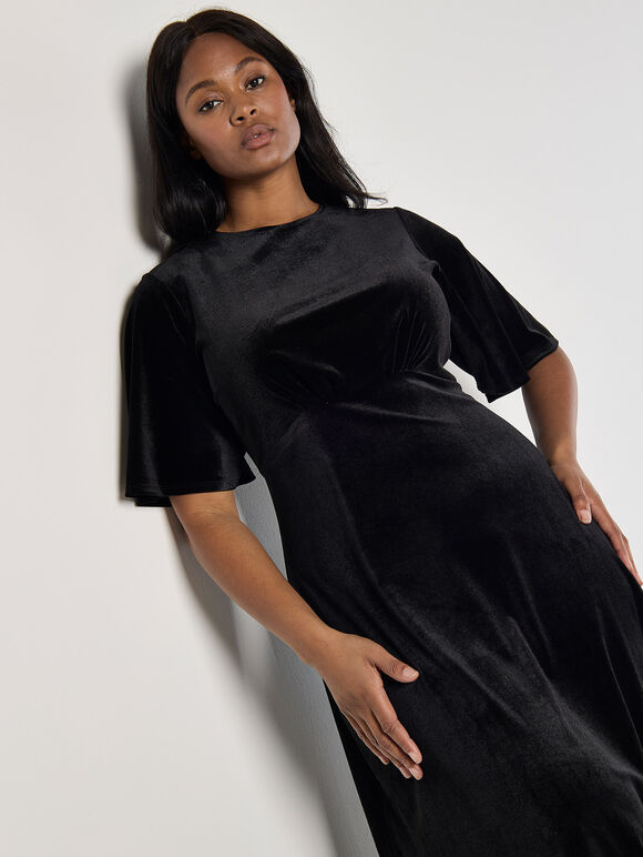 Curve Velvet Fit And Flare Midi Dress, Black, large